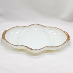Vintage Fire King 11.25" White Milk Glass with Gold Trim Divided Dish